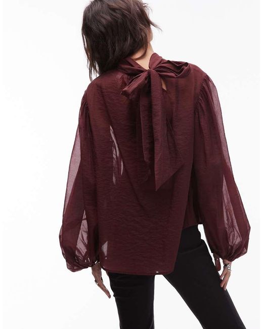 & Other Stories Red Semi Sheer Blouse With Puff Sleeves And Bow