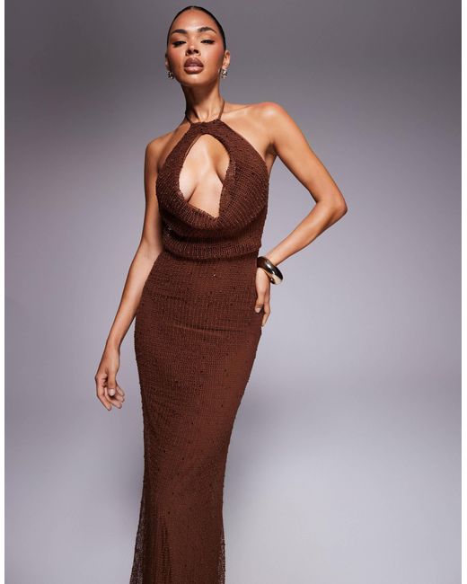 ASOS Purple Crochet Sequin Halter Maxi Dress With Cut Out