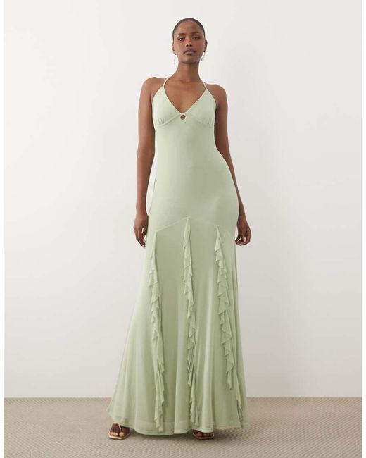 ASOS Green Mesh Frill Maxi Dress With Halter Straps