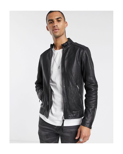 AllSaints Cora Slim Fit Zip Through Leather Jacket in Black for Men | Lyst