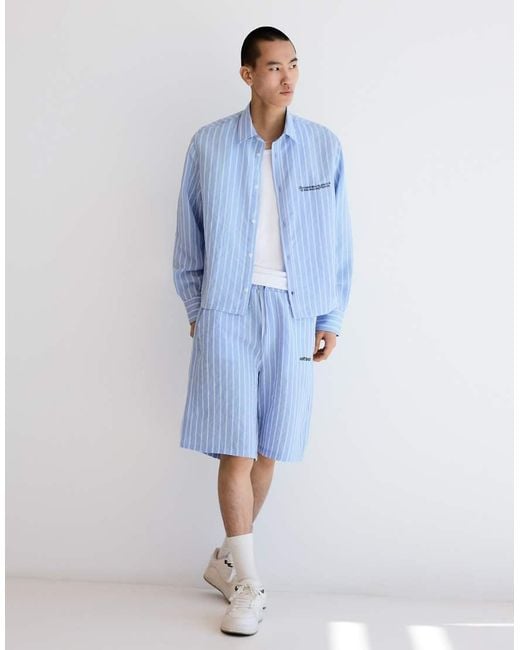 Bershka Blue Embroidered Long Sleeve Shirt for men