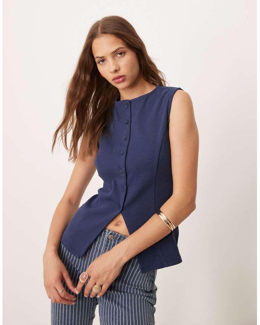 ASOS Blue Button Front Longline Waistcoat Cinched Top