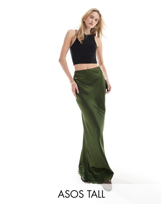 ASOS Green Asos Design Tall Satin Maxi Skirt With Lace Trim