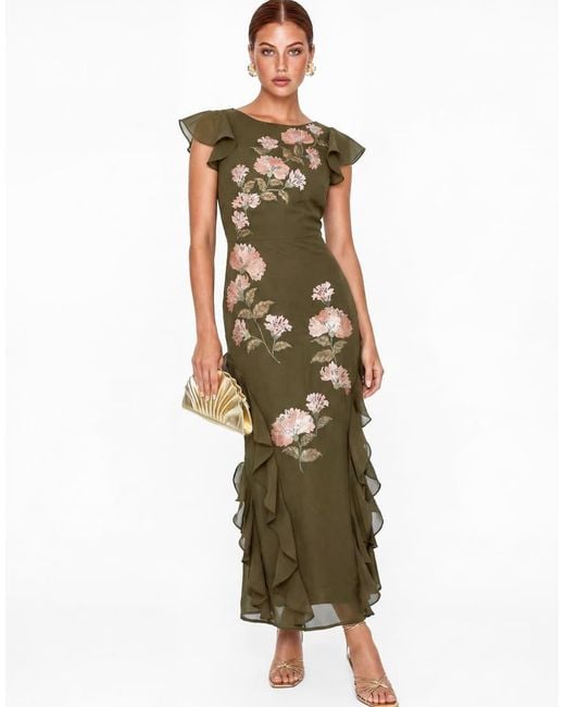 Maya Green Floral Embroidery V-Back Ruffle Midaxi Dress