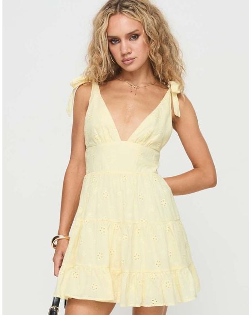 Princess Polly Yellow Broderie Tie Shoulder Plunge Tiered Mini Dress