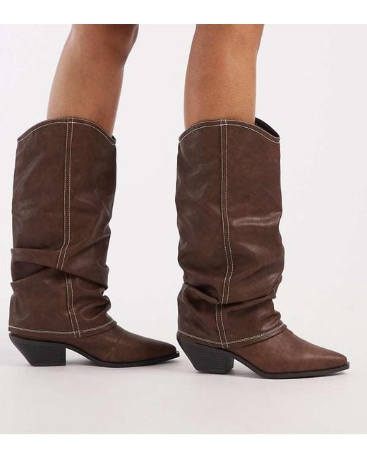 SEQWL Wide Fit Brown Western Knee Boots With Rouching
