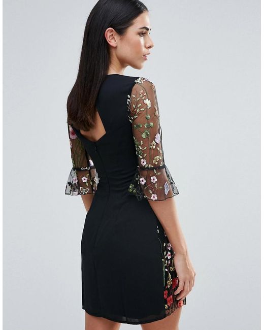 Lipsy Floral Embroidered Shift Dress in Black | Lyst