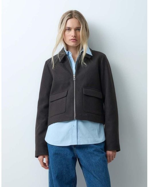 ONLY Blue Zip Through Faux Wool Short Jacket