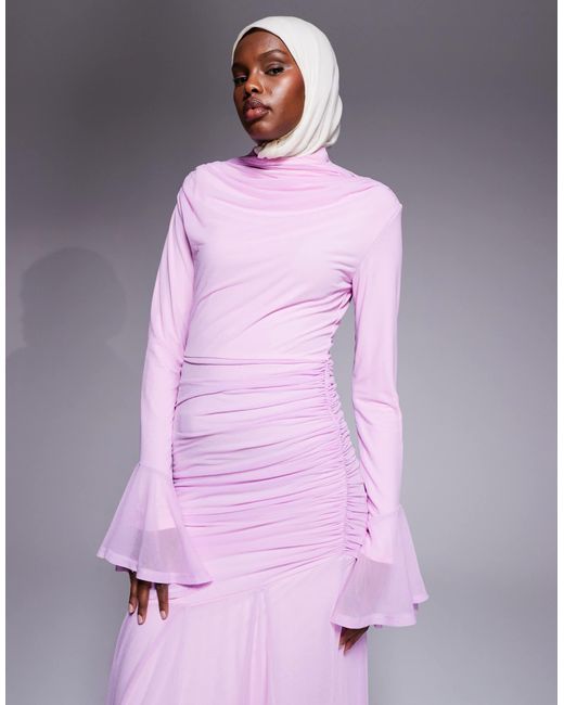 ASOS Purple Stretch Chiffon Ruched Draped Waist Maxi Dress With Fluted Sleeve