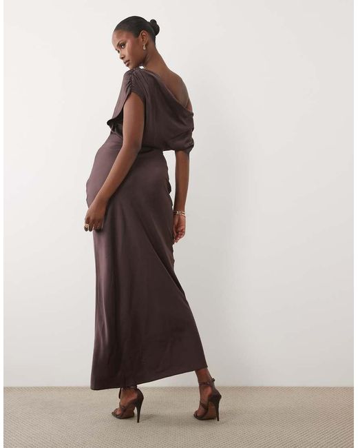 ASOS Brown One Shoulder Asymmetric Satin Maxi Dress