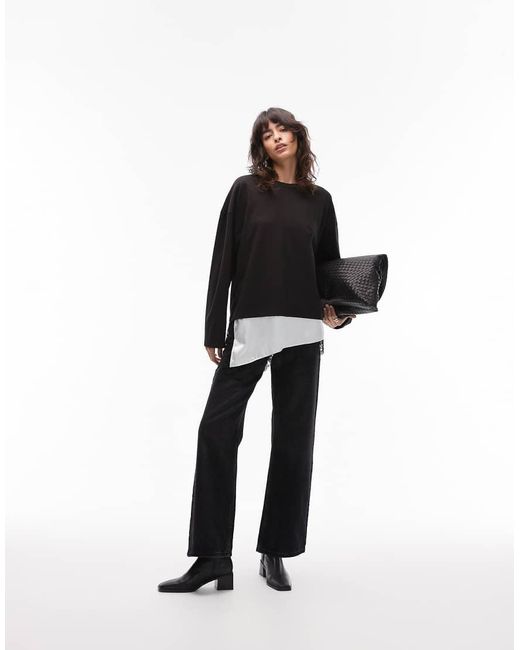 ASOS Black Long Sleeve T-Shirt With Lace Satin Asym Hem Detail