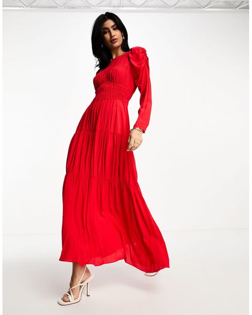 DASKA Red Puff Sleeve Structu Bodice Maxi Dress