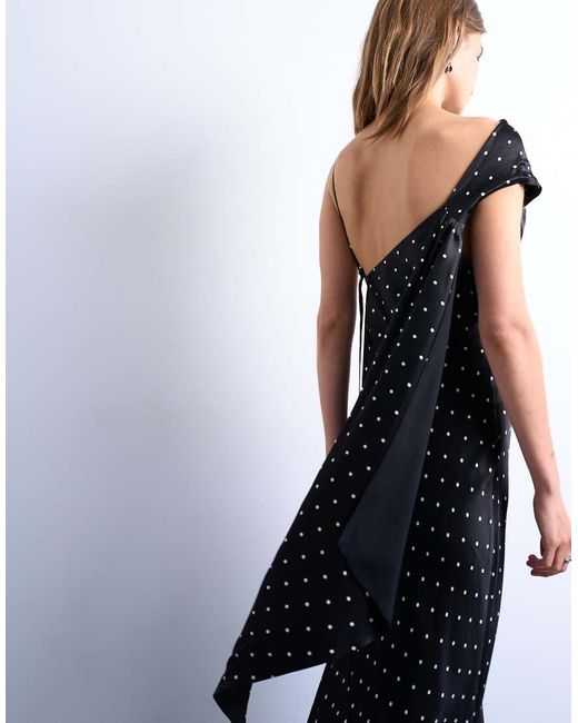 Vestido Midi Negro Con Lateral Fruncido, Detalle Drapeado En La Espalda Y Estampado De Lunares De TOPSHOP de color White