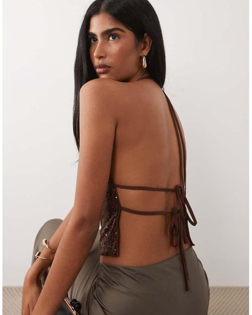 ASOS Brown Sequin Backless Halter Neck Top