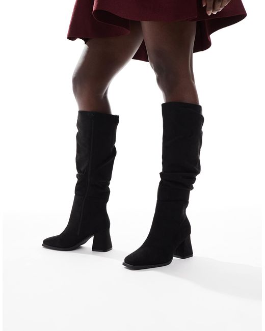 SEQWL Black Fished Slouchy Block Heel Knee Boots