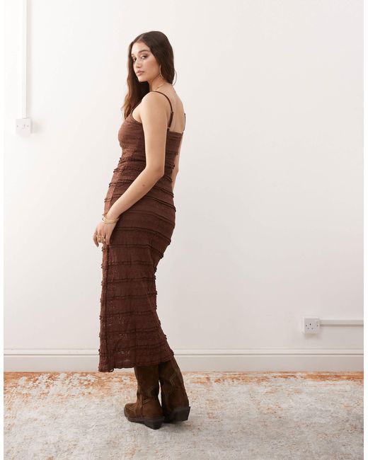 Miss Selfridge Brown Lace And Ruffle Detail Midi Dress