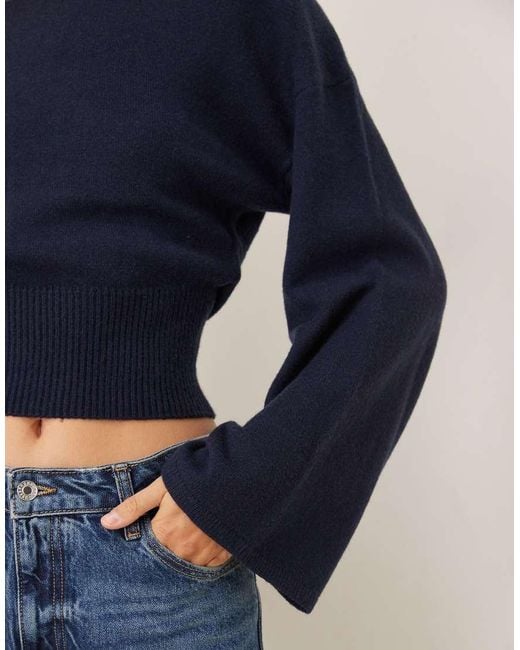 Gina Tricot Blue Crew Neck Wide Sleeve Fitted Knitted Jumper