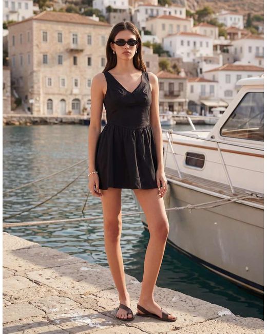 ASOS Black Waisted V-neck Mini Sundress With Seaming Details