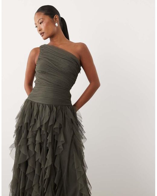 LACE & BEADS Green One Shoulder Waterfall Ruffle Maxi Dress