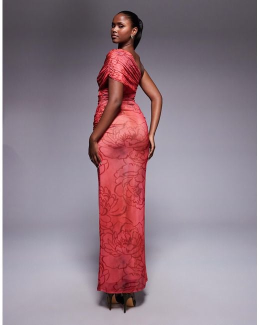 ASOS Red – one-shoulder-maxikleid aus netzstoff mit gerafftem oberteil und blumenprint