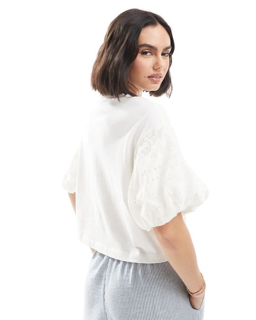 Miss Selfridge White Broderie Puff Sleeve T-shirt