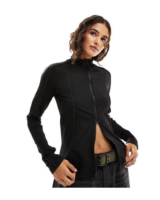 Weekday Black Lionella Long Sleeve Zip Up Top With Piping Detail