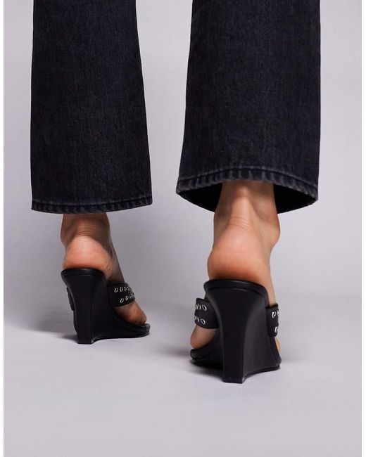 Public Desire Black Demura Wedge Heeled Studded Sandals