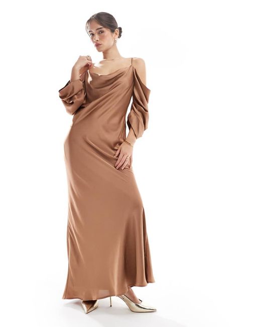 TFNC London Brown Bridesmaids Cowl Cold Shoulder Maxi Dress With Ruched Sleeves