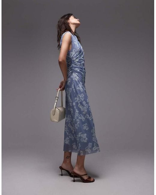 & Other Stories Blue Mesh Midi Dress With Drape Detail
