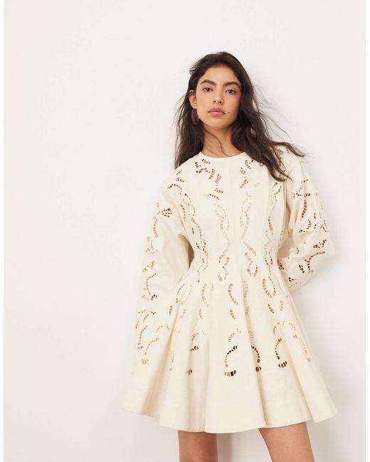 ARRANGE Natural Twill Embroidered Cutwork Mini Skater Dress