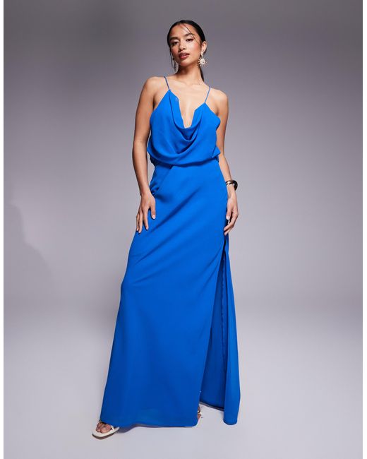 ASOS Blue Asos Design Petite Cowl Front Racer Back Strappy Maxi Dress