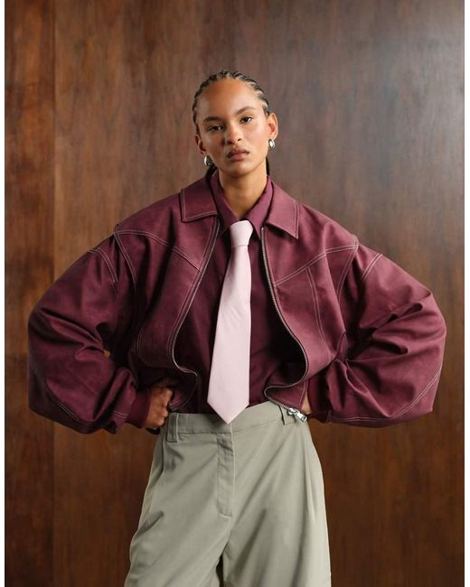 Lioness Red Exclusive Vista Leather Look Contrast Stitch Bomber Jacket