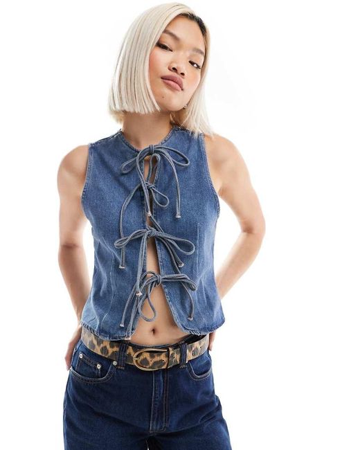 ASOS Blue Denim Tie Front Top