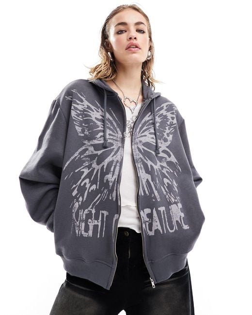 Minga Gray London Oversized Zip Up Hoodie With Butterfly Grunge Graphic