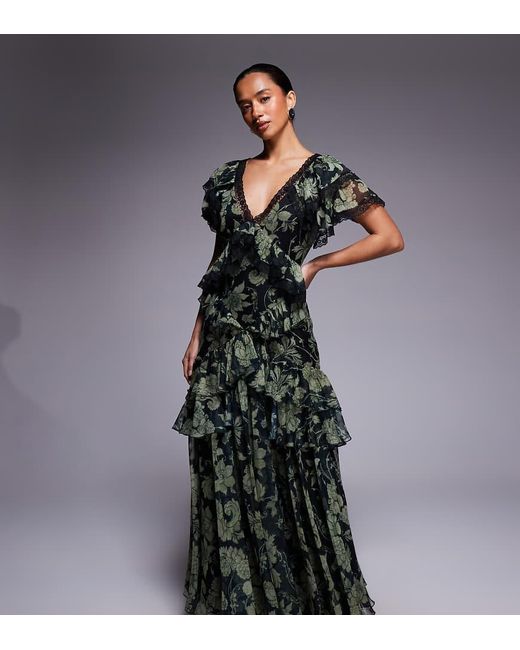 ASOS Gray Asos Design Petite Full Hem Ruffle Maxi Dress With Lace Trim Detail And Open Back