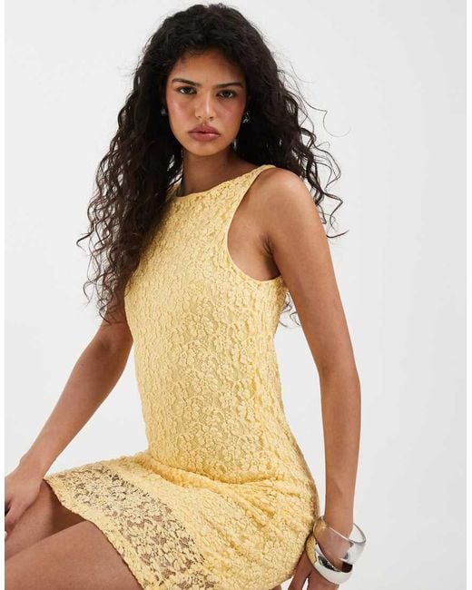 Vero Moda Yellow Stretch Floral Lace Sleeveless Slash Neck Mini Dress