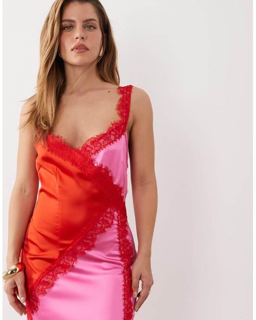 Never Fully Dressed Red Petite Elowen Satin And Lace Trim Cami Midaxi Dress