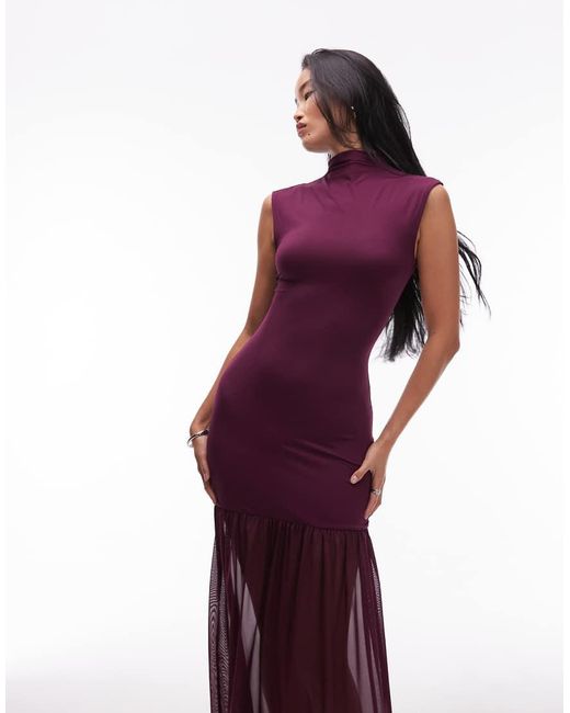 ASOS Purple Dropped Waist Mesh Maxi Dress With Grown On Neck