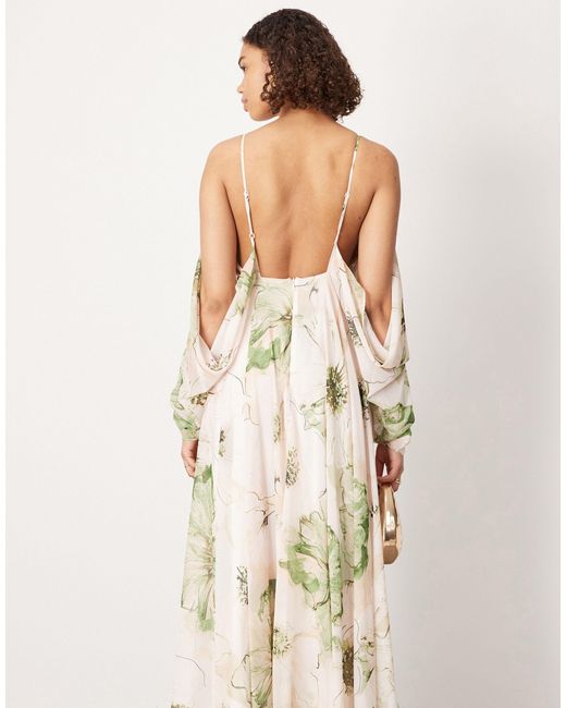 ASOS Natural Chiffon Draped Shoulder Backless Maxi Dress