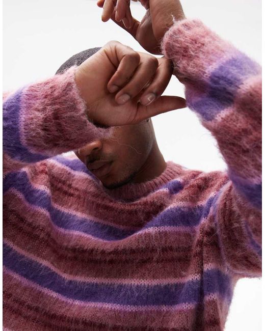 Topman Purple Oversized Brushed Striped Jumper for men