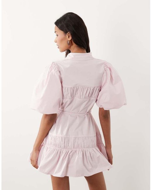 ASOS Pink Shirt Mini Dress With Puff Sleeve And Tie Detail