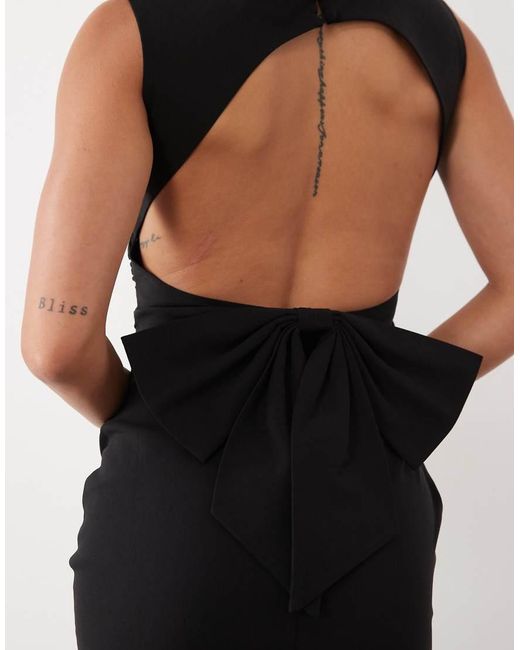 TFNC London Black Bengaline Slash Neck Open Back Bow Detail Maxi Dress