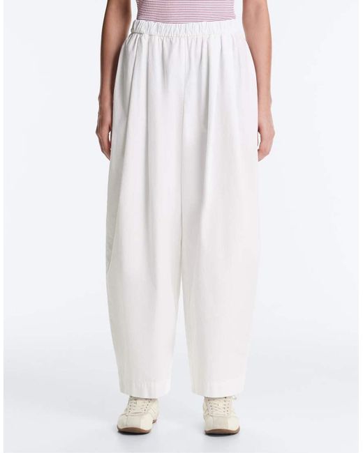 Oysho White Pleated 100% Cotton Tapered Trousers