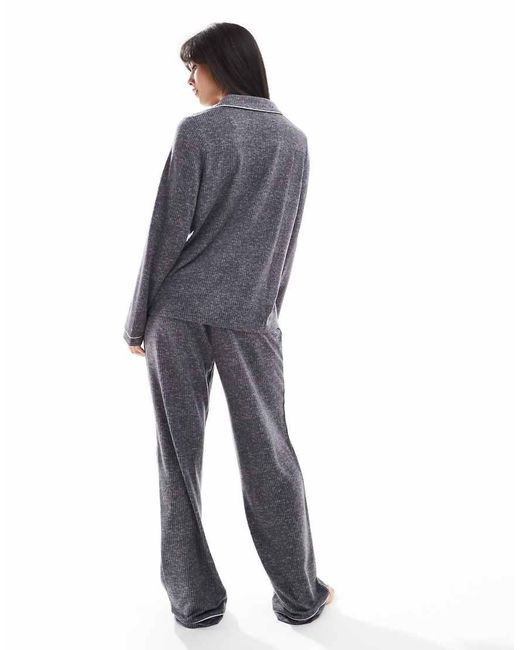 Loungeable Blue Marl Brushed Rib Long Sleeve Buttoned Pyjamas
