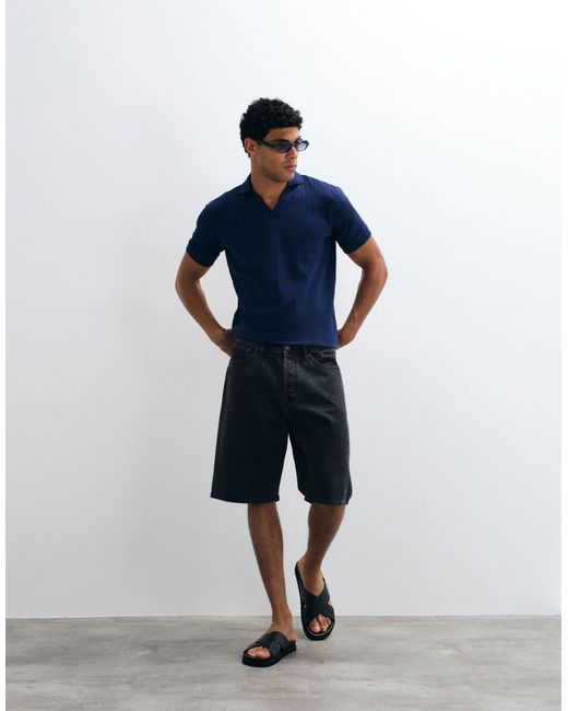 SELECTED Blue Ribbed Split Neck Polo for men