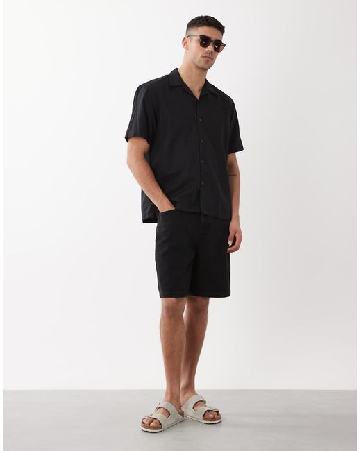 SELECTED Black Linen Blend Short Sleeve Shirt for men
