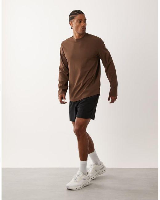 4505 Brown Running Quick Dry Performance Waffle Knit Long Sleeve Top With Curved Hem for men