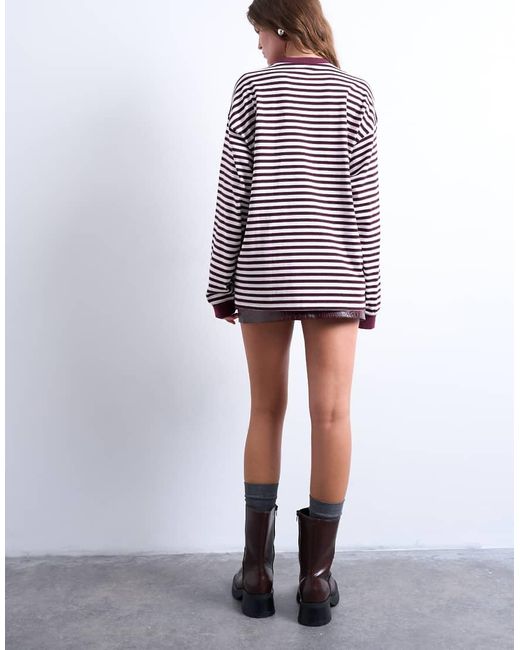 T-Shirt A Maniche Lunghe Extra Larga Stile Skater Bordeaux A Righe di TOPSHOP in Red