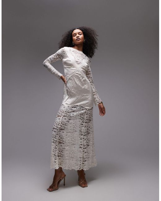 TOPSHOP White – langärmliges maxikleid aus geknittertem satin und spitze