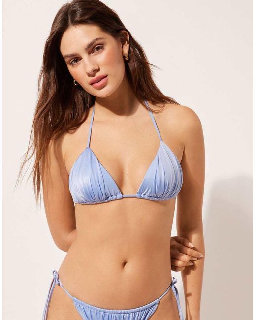 Calzedonia Blue Calzendonia Triangle Bikini Top Shiny Satin